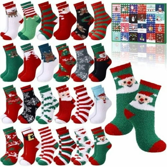 24 Pairs Christmas Fuzzy Socks Advent Calendar 2025 Unisex Fluffy Socks Set 24 Days Countdown to Christmas for Xmas Party Holiday Gifts$$Home Decor, Kitchen, & Other