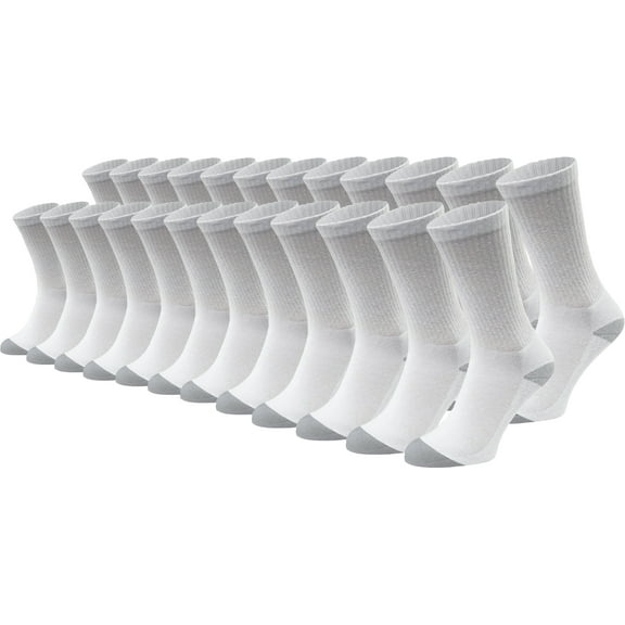 24 Pairs Cotton Crew Socks, Mens Womens Bulk Casual Sports Sock (White w/Gray Heel Toe, 10-13)
