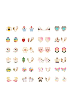 24 Pairs Cute Animals Heart Flowers Fruit Earrings Clip-on Earrings Set Mixed Color Painless Non-perforated Earrings