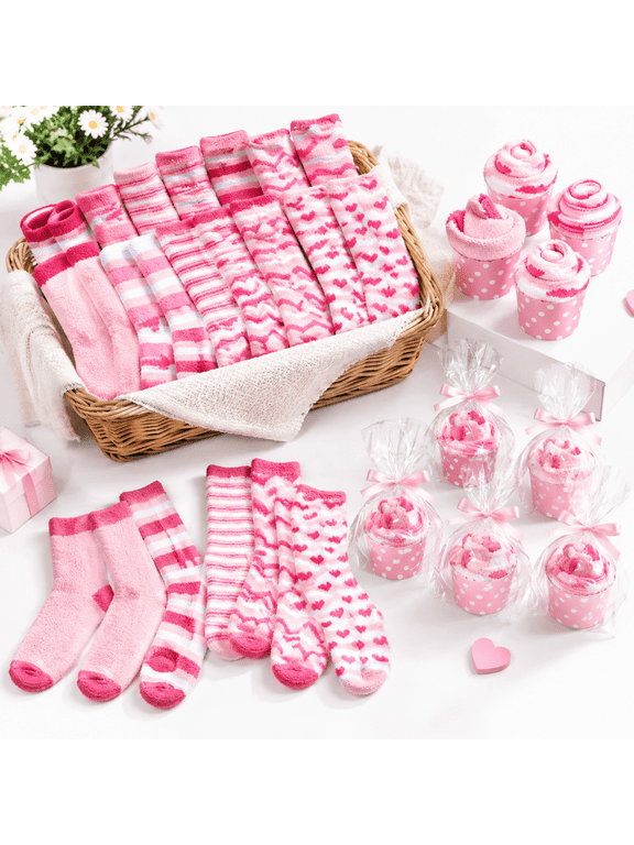 24 Pairs Fuzzy Socks Women Pink Cupcake Diy Gift Set Classic