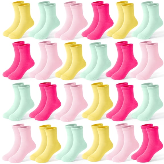 24 Pairs Girls Socks Toddler Girls Crew Socks Athletic Girl's Colorful Mid Cut Sock Multipack for Kids 1-14 Years