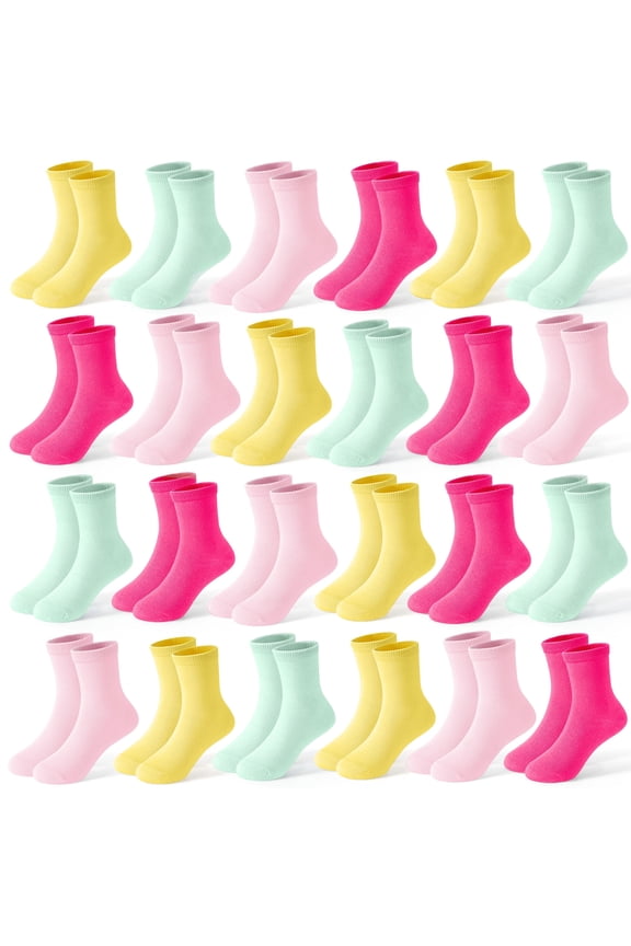 24 Pairs Girls Socks Toddler Girls Crew Socks Athletic Girl's Colorful Mid Cut Sock Multipack for Kids 1-14 Years