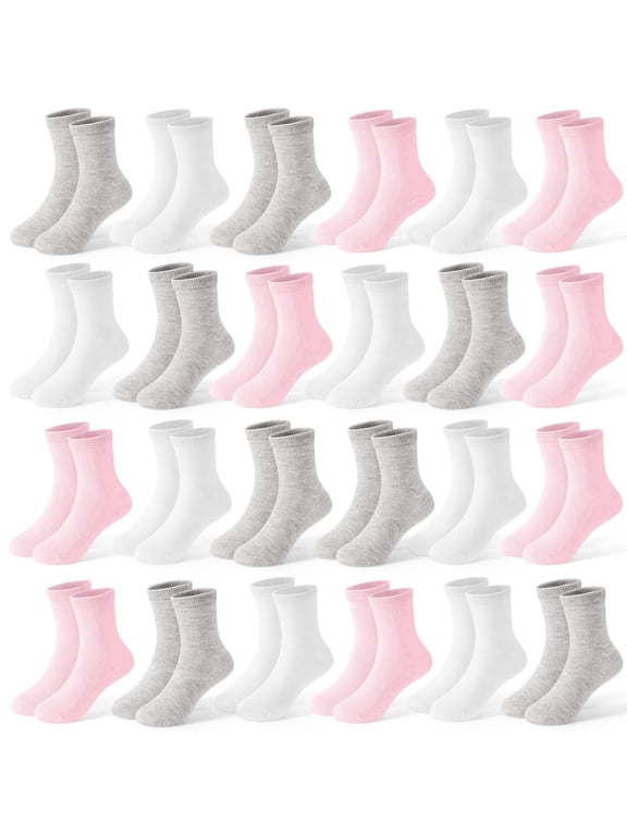 24 Pairs Girls Socks - Toddler & Kids Colorful Athletic Crew School Socks for Ages 1-14