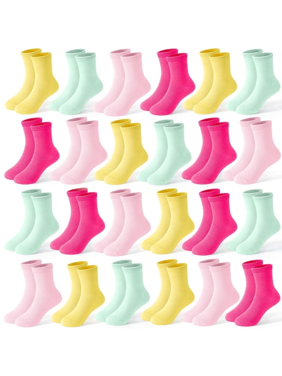 24 Pairs Girls Socks - Toddler & Kids Colorful Athletic Crew School Socks for Ages 1-14