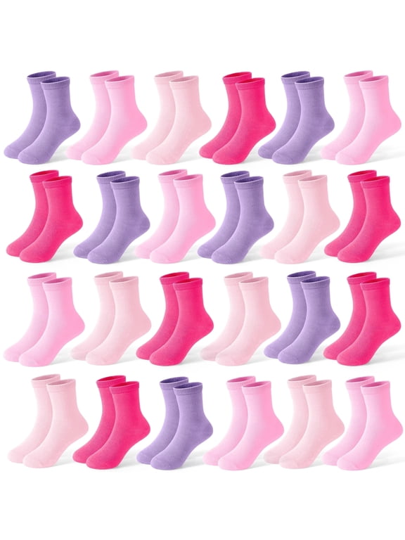 24 Pairs Girls Socks - Toddler & Kids Colorful Athletic Crew School Socks for Ages 1-14