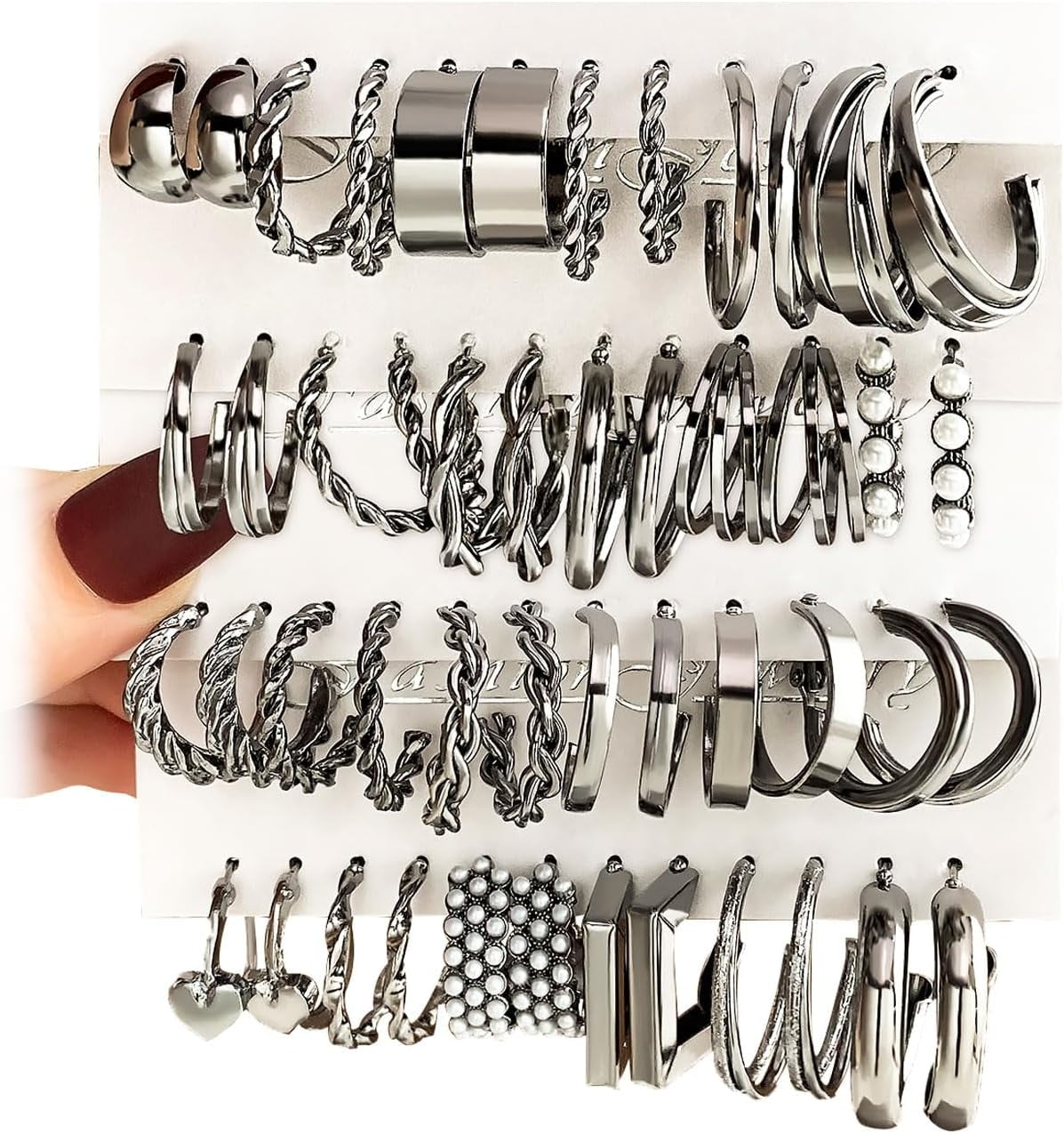 UMEHOME 24 Pairs Gold Silver Black Earring Set For Women, Chunky Earring Multipack Punk Trendy Big Small Stud Hoop Earring Lightweight Twisted Pearl Ear Pack For Daily Birthday Party Gift[Z1]