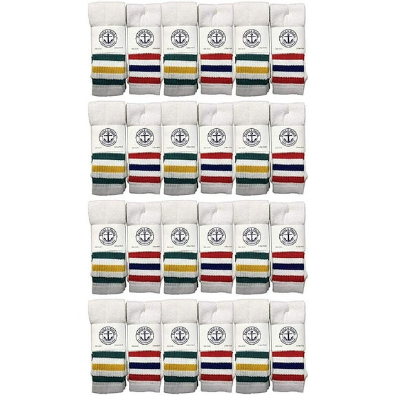 24 Pairs Of Yacht & Smith 14 Inch Wholesale Kids Tube Socks, Cotton Bulk Sport Socks Size 4-6 (White w/Stripes)