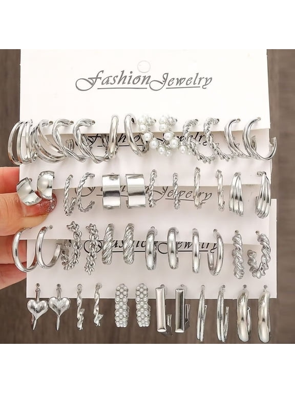 24 Pairs Silver Hoop Earrings Set for Women, Trendy Fashion Jewelry Multipack with Chunky Huggie Pearl Heart Geometric Earrings