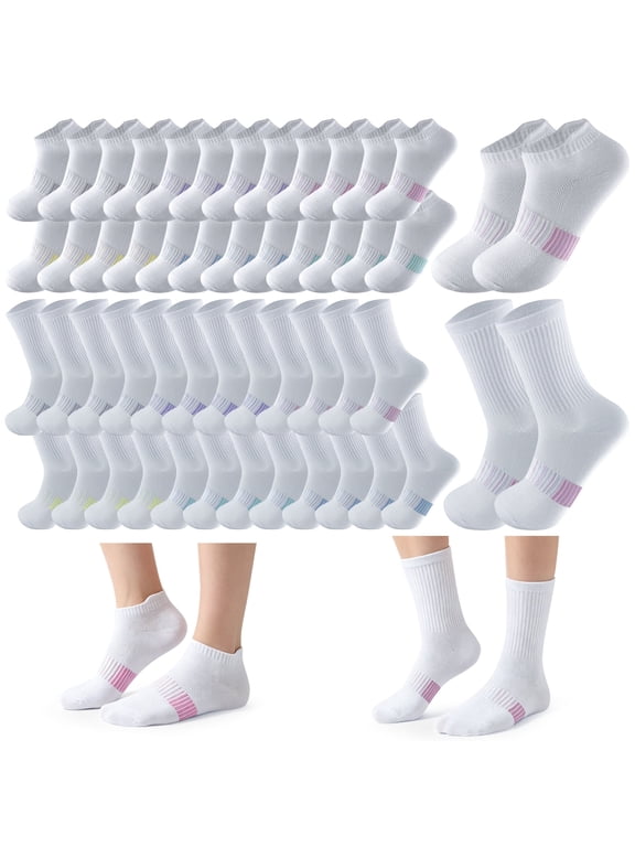 24 Pairs Women's White Socks Set, 12 Pairs Low Cut & 12 Pairs Crew Socks, Arch Support Athletic Socks for Women