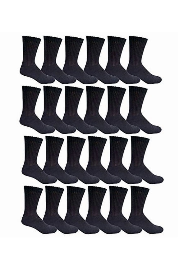 24 Pairs of Mens Sports Crew Socks, Wholesale Bulk Pack Athletic Sock, King Size, by Yacht & Smith (Black, 13-16)