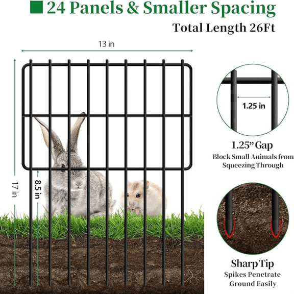 24 Panels Animal Barrier Fence, 1.25" Gap No Dig Fence, 17 in(H) X 26 Ft(L) Rustproof Metal Garden Fences Border Dog Rabbit Blocker, Small Wire Bottom Fencing for Outdoor Yard Patio Black