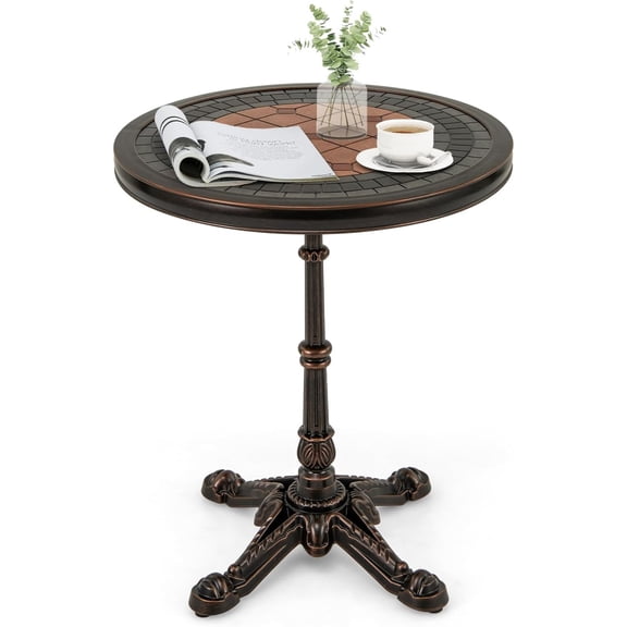 24 Patio Side Table, Outdoor Cast Aluminum End Table w/Painted Tabletop & Cross-Shaped Base, Mid Century Coffee Table Decorative Accent Table for Living Room Backyard Garden