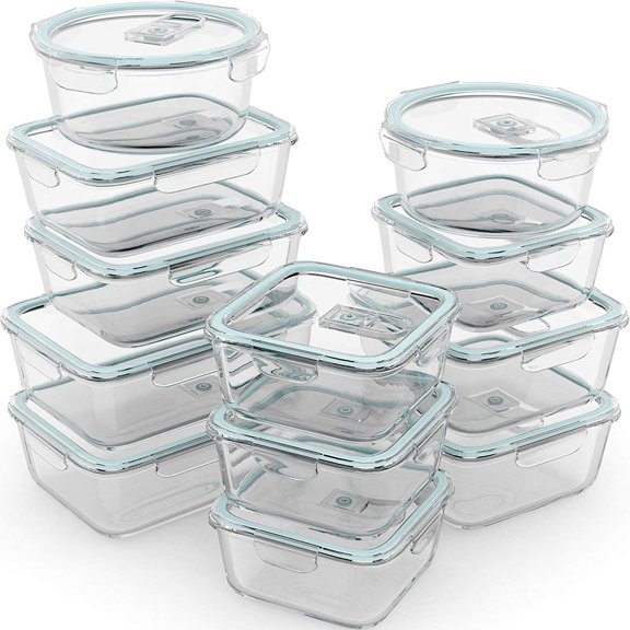 24 Pc Airtight Glass Food Storage Containers - Meal Prep Freezer To Oven Safe Steam Release Valve Bpa Free Bento Boxes Leak Proof (12 Lids & 12 Containers)