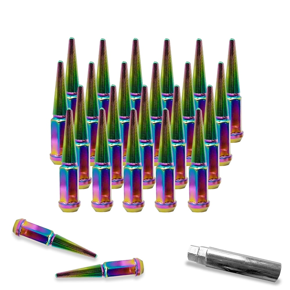 24 Pc Dodge Ram 5x5.5 Neo Chrome Spike Lug Nuts 9/16-18 Spiked Metal Lug Nuts Solid 1 Piece 4.5" Tall Acorn Lug Nut + 1 Special Design Key - Aftermarket Wheels Fits Dodge Ram 1500 Heavy Duty