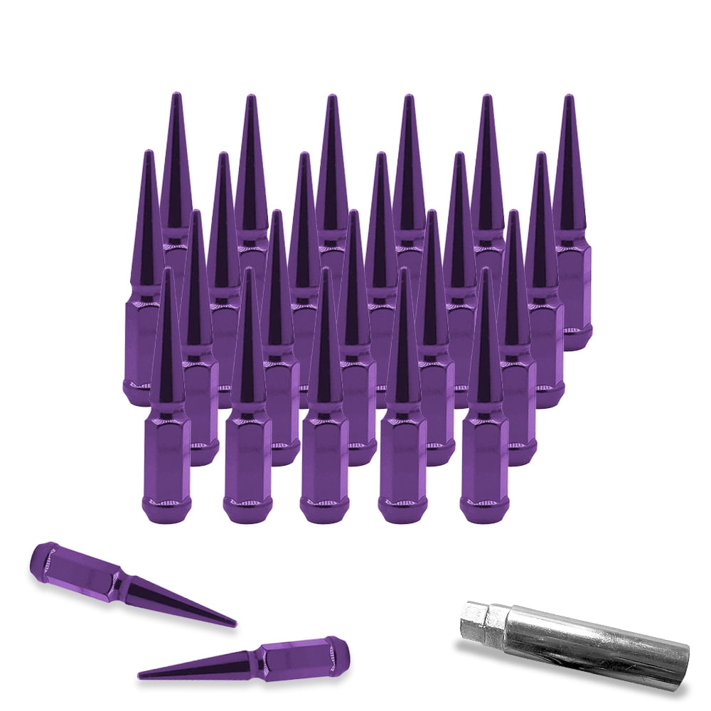 24 Pc Dodge Ram 5x5.5 Purple Spike Lug Nuts 9/16-18 Spiked Metal Lug Nuts Solid 1 Piece 4.5" Tall Acorn Lug Nut + 1 Special Design Key - Aftermarket Wheels Fits Dodge Ram 1500 Heavy Duty