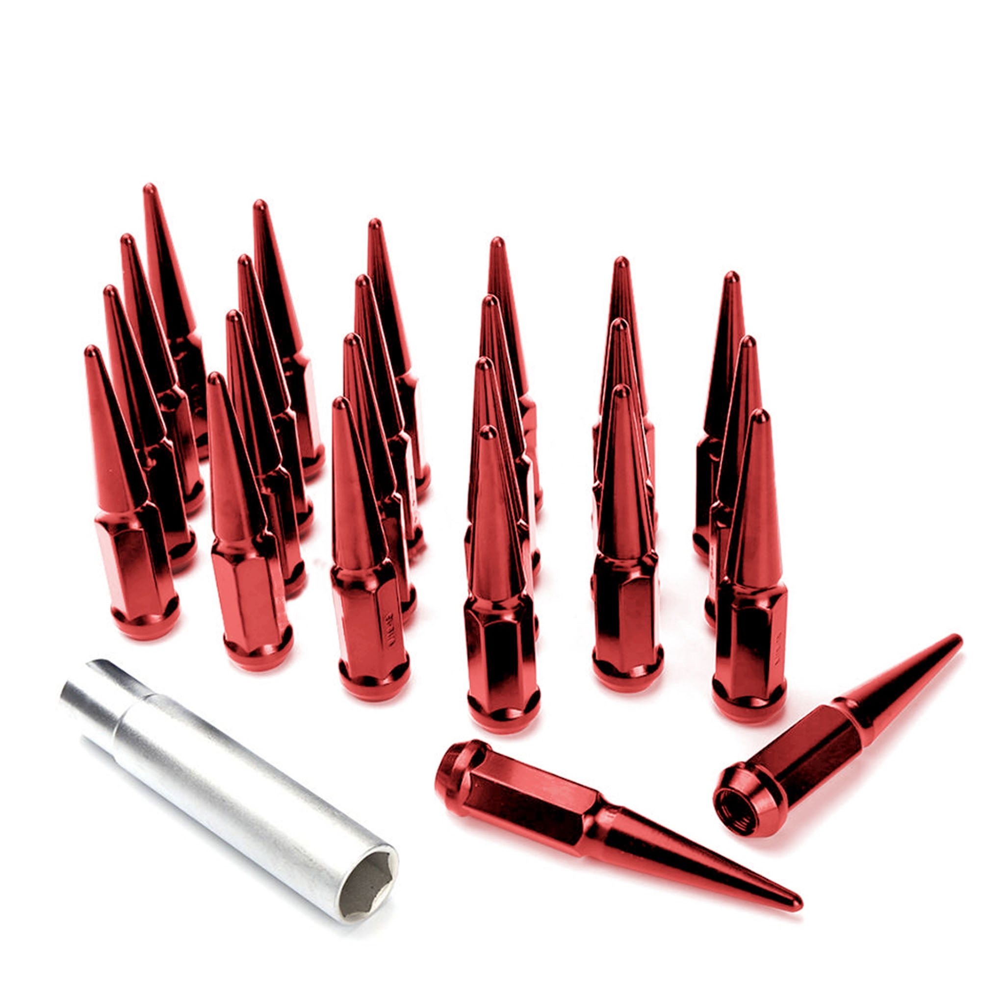 24 Pc Dodge Ram 5x5.5 Red Spike Lug Nuts 9/16-18 Spiked Metal Lug Nuts Solid 1 Piece 4.5" Tall Acorn Lug Nut + 1 Special Design Key - Aftermarket Wheels Fits Dodge Ram 1500 Heavy Duty