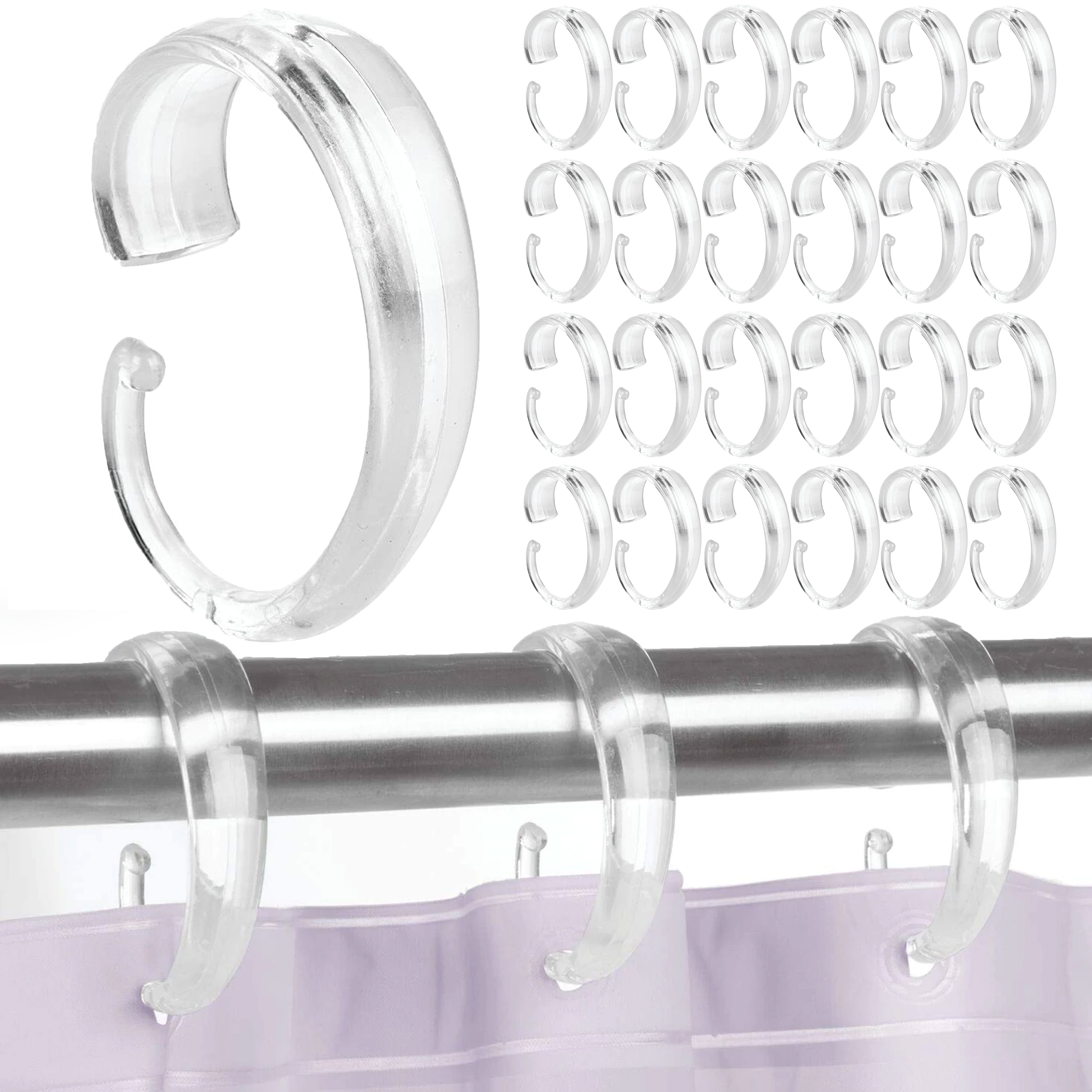 24 Pc Heavy Duty Plastic Shower Curtain Rings Clear Hooks Type C Shaped Rod  Bath