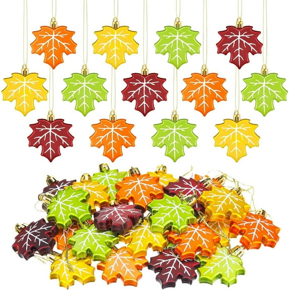 24-Pc Vivid Maple Leaf Fall Tree Ornaments – Plastic Harvest Autumn Hanging Pendants, Thanksgiving Party Decorations for Indoor/Outdoor (Vibrant Fall Colors)
