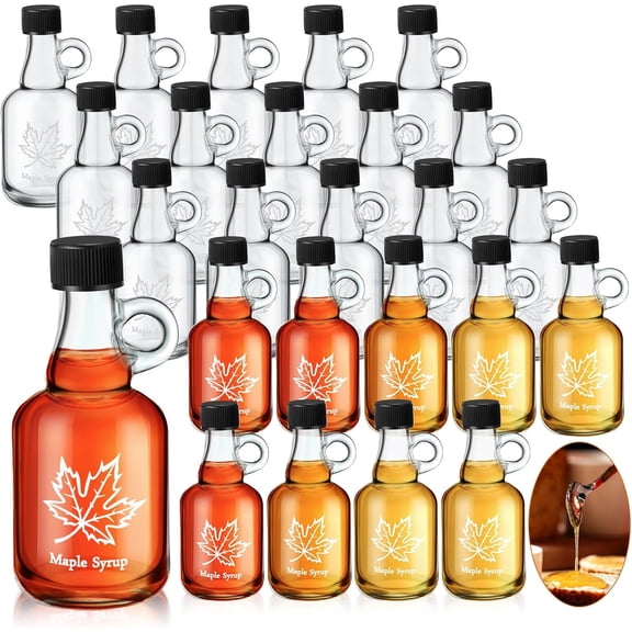 24 Pcs 1.7 oz Glass Maple Syrup Bottles Mini Syrup Container with Loop Handle and Plastic Lids, Small Empty Jars for Oil Storage Gift