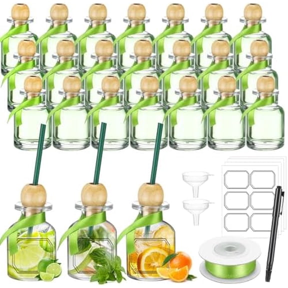 24 Pcs 1.7 oz Shot Glasses Patron Bottles with Cork Straw 50ml Mini Empty Tequila Bottles for Drinks Small Reusable Clear Glass Patron Shot Cup with Silk Ribbon Wedding Party Favors, 2 x 2.8in