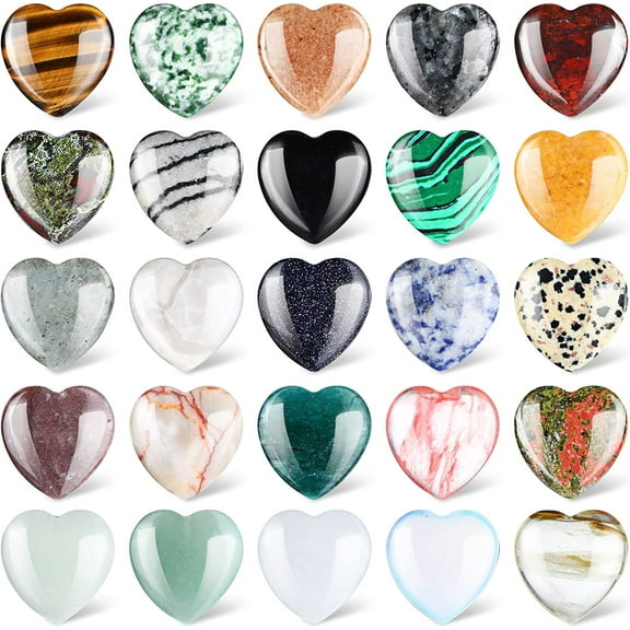 24 Pcs 1 Inch 25mm Natural Heart Shaped Stones Crystals and Gemstones Worry Stones Bulk Love Crystals Set Heart Shaped Rocks Pocket Palm Stone for Stress Reiki Balancing Home Decoration Yoga