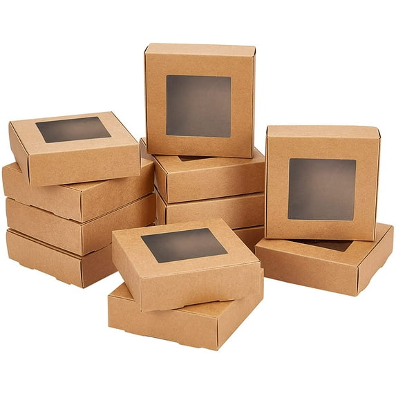 24 Pcs 10x10x3cm Camel Paper BoxFold Boxes Cookie Boxes Jewelry Boxes Kraft Boxes with Window for Party Favor Treats Bakery and Jewelry Packaging