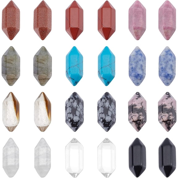 24 Pcs 12 Colors No Hole Double Pointed Gemstone Pendants Undrilled Pointed Polygonal Chakra Pendants Quartz Crystal Stone Bullet Charm for Wire Wrapped Necklace Jewelry Making Home Decor