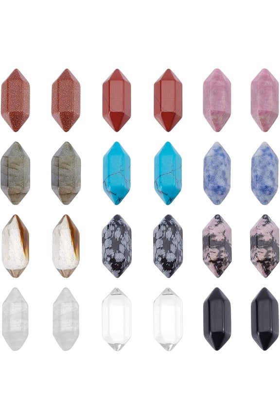 24 Pcs 12 Colors No Hole Double Pointed Gemstone Pendants Undrilled Pointed Polygonal Chakra Pendants Quartz Crystal Stone Bullet Charm for Wire Wrapped Necklace Jewelry Making Home Decor