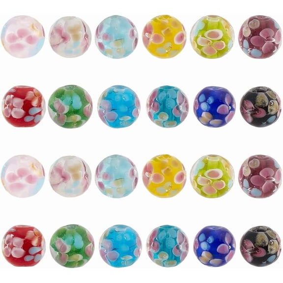 24 Pcs 12 Colors Lampwork Flower Glass Beads 12mm Lampwork Round Beads European Murano Glass Bead for Jewelry Making