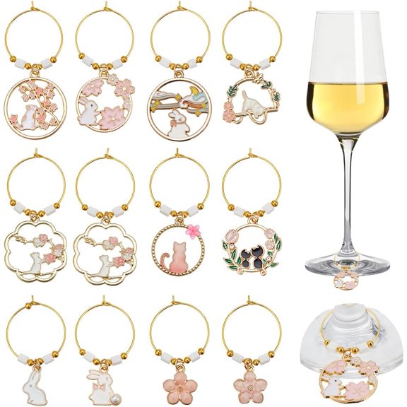 24 Pcs 12 Styles Easter Wine Charms Alloy Enamel Wine Glass Charms Rings Rabbit Cat Flower Drink Markers Tags Identifiers for Wine Tasting Party Christmas Gifts Table Decorations