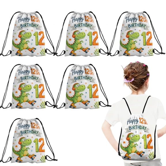 24 Pcs 12th Birthday Cartoon Dinosaur Theme Drawstring Backpack, Lightweight Sports Sackpack for Daily Use, Travel, and Birthday Party Decorations 27x34cm