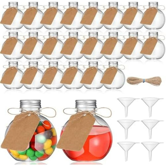 24 Pcs 13.5 oz Large Plastic Potion Bottles with Caps and Label Spherical Round Bottles for Drink Christmas Ball Shape Decorative Bottles Candy Jar for Birthday Craft Wedding Party Favor Gift