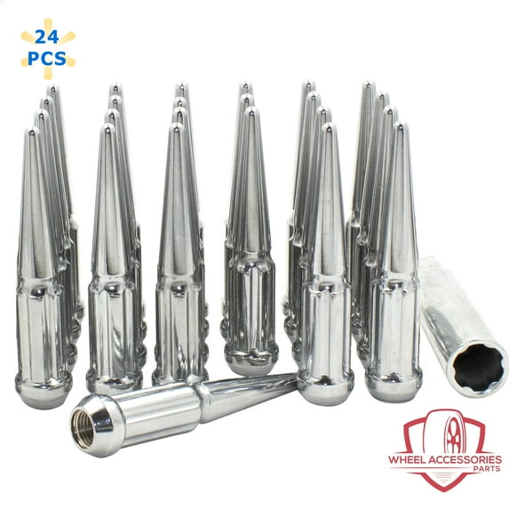24 Pcs 14mm 1.50 14x1.50 Thread Spike Spline Solid Metal 4.40" Long Lug Nuts Chrome Truck Spline, Silver, Fits Chevy Silverado 1500 2016+ Ford F 150 2012 + Ram 1500
