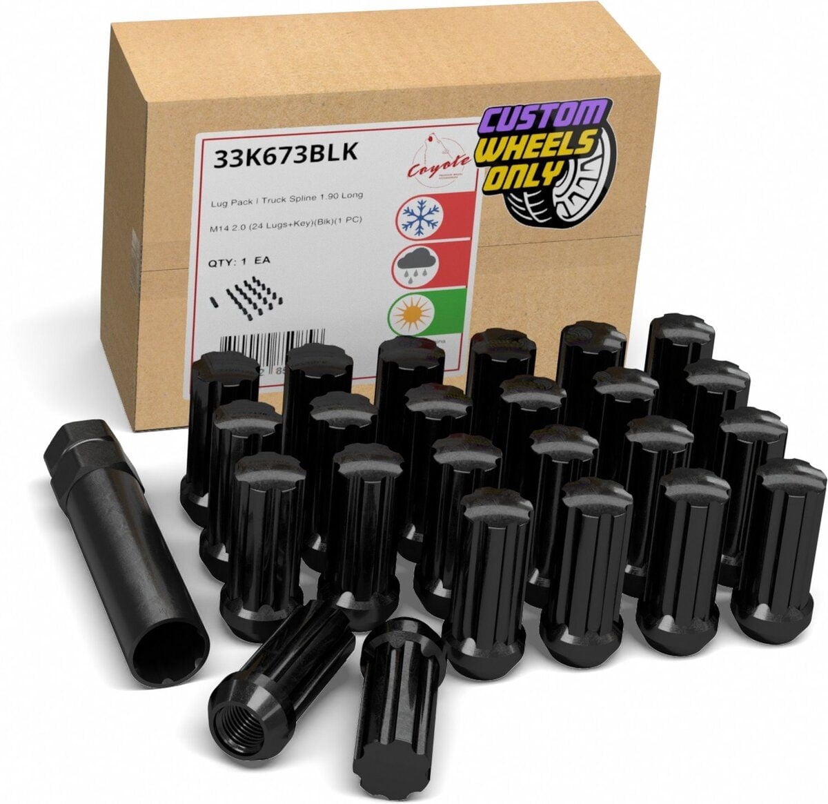 24 Pcs 14mm 2.0 14x2.0 Thread 1.90" Long Spline Lug Nuts Black Truck 7 Spline Fits 2003-14 Ford Expedition Lincoln Navigator 2004-14 F150