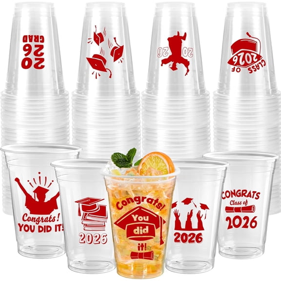 24 Pcs 16OZ Graduation Plastic Party Cups, Red Class of 2026 Decorations, Disposable Cups Tableware Bulk for College High School Personalized Graduation Party Favors