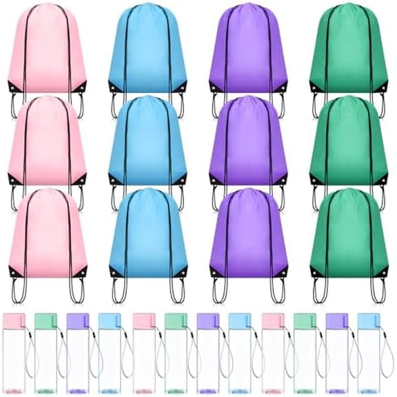 24 Pcs 17 oz Plastic Water Bottles Bulk and Drawstring Backpack Set Reusable Flip Top Leakproof Water Bottles with Handle for Adults Sports Gym Travel Party Outdoor End of Year Gifts