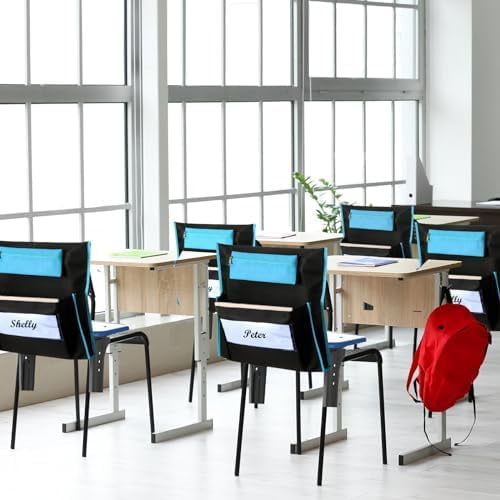 24 Pcs 17" x 15.5" Chair Pockets for Classroom Chair Organizer with Pencil Case and Name Tag Chairback Storage for Classroom Seat Suppliers to Keep Desk Organized for Student, Black
