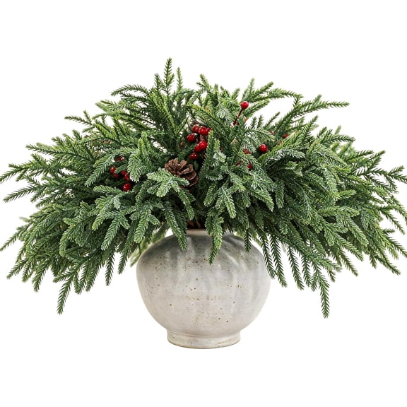 24 Pcs 18 Inch Real Touch Norfolk Pine Branches Christmas Greenery Stems with Pinecones & Red Berries for Christmas Decorations