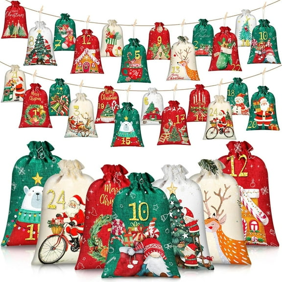 24 Pcs 2025 Christmas Advent Calendar Number Bags Christmas Gift Burlap Drawstring Bags Reusable DIY Countdown Advent Calendar Set with Rope and Clips for Christmas Home Decorations Gift