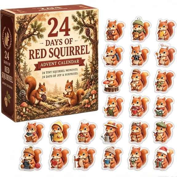 24 Pcs 2026 Red Squirrel Advent Calendar, 24 Days Christmas Countdown with Acrylic Squirrel Ornaments, Xmas Tree Decor Gift for Kids & Animal Lovers