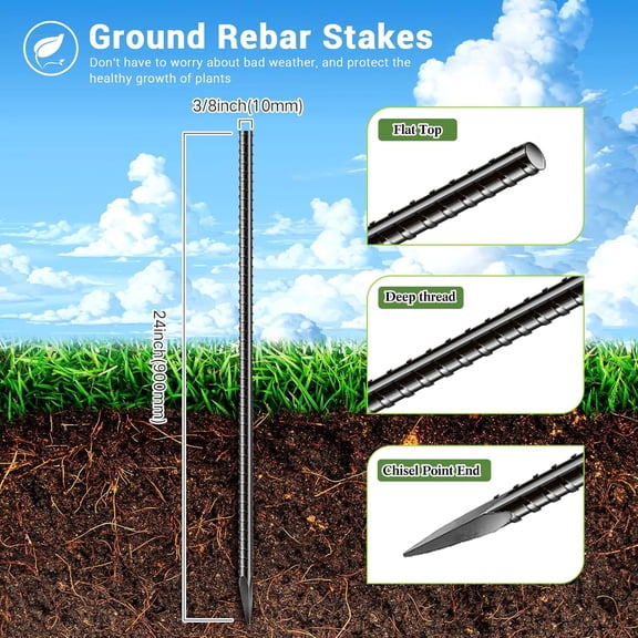24 Pcs 24 Inch Black Ground Rebar Stakes Heavy Duty Ground Anchors Steel Plant Support Garden Stake Long Straight Metal Spikes with Chisel Point End for Garden Concrete Plant Tent