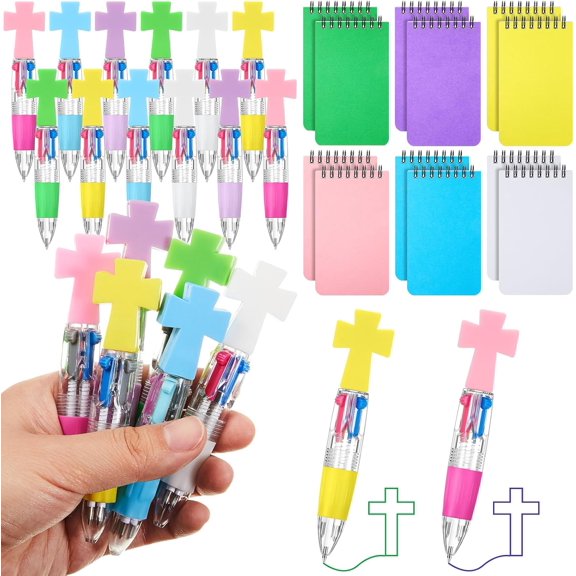 24 Pcs 24 Pcs Religious Christian Gifts Bulk 12 Sets Small Pocket Bible Notebook, 12 Sets Cross Pens Multicolor 4 in 1 Ballpoint Pens Christian Party Favors Sunday Religious Gifts Prizes