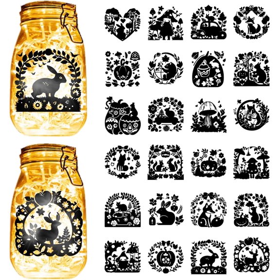 24 Pcs 24Styles Pumpkin Mason Jar Decals Silhouettes Animals Fox Rabbits Laser Cut Cardboard Scrapbook Cutouts Waterproof Stickers Plastic
