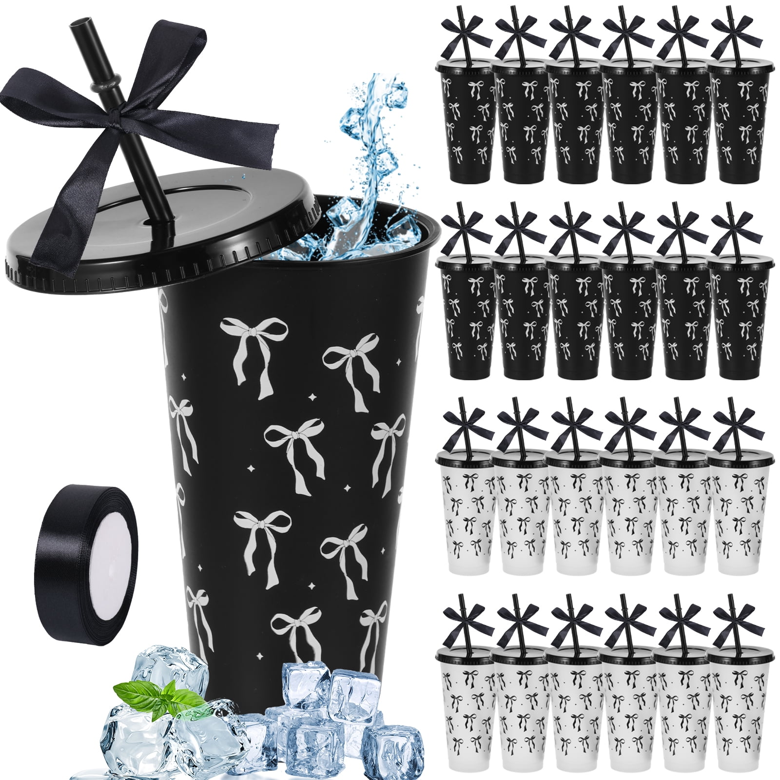 24 Pcs 24oz Bow Plastic Cup with Lid Straw and Ribbon Reusable Tumbler for Birthday Wedding Baby Shower Bridal Party Black