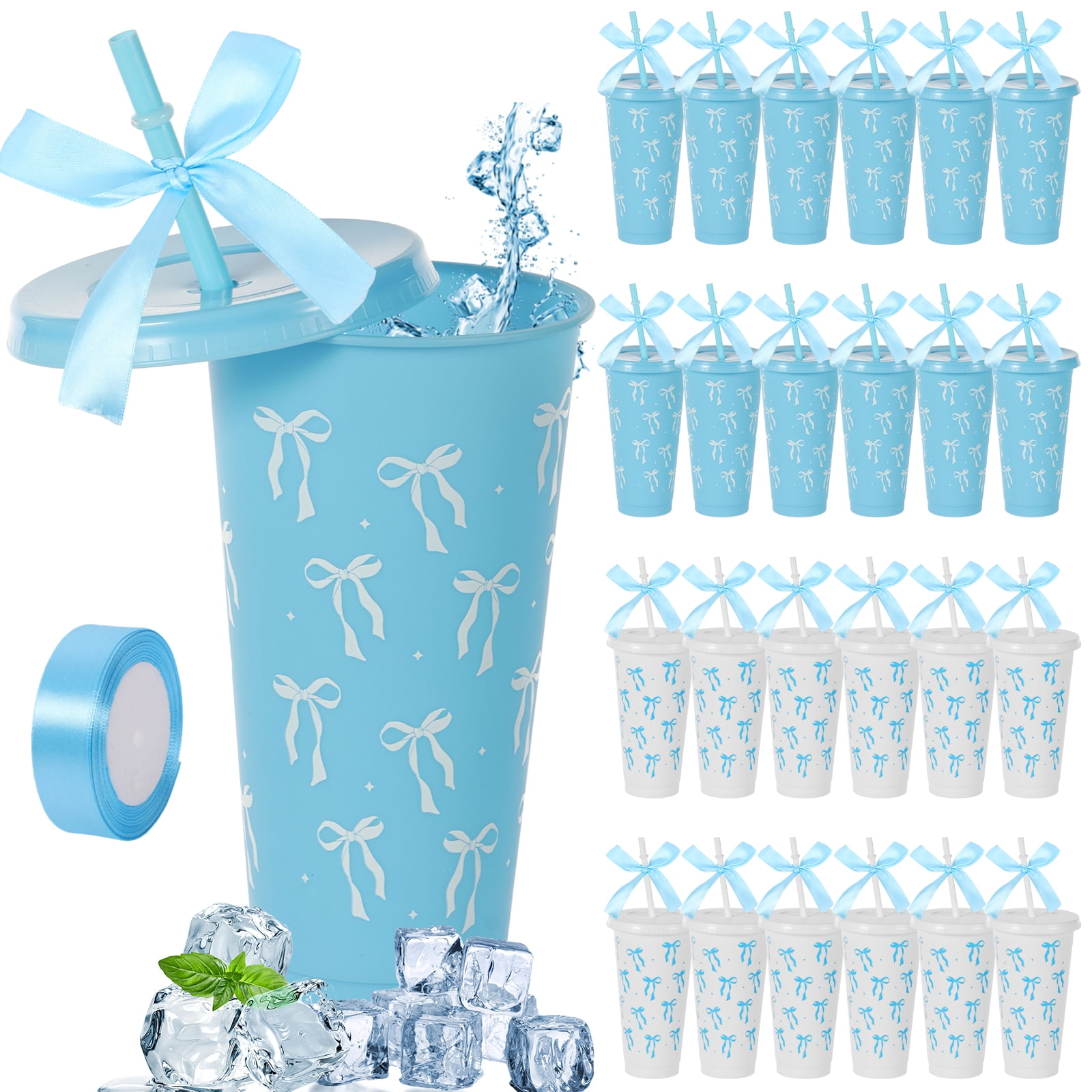 24 Pcs 24oz Bow Plastic Cup with Lid Straw and Ribbon Reusable Tumbler for Birthday Wedding Baby Shower Bridal Party Blue