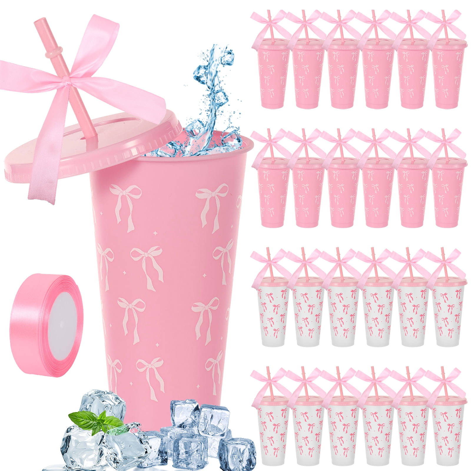 24 Pcs 24oz Bow Plastic Cup with Lid Straw and Ribbon Reusable Tumbler for Birthday Wedding Baby Shower Bridal Party Pink