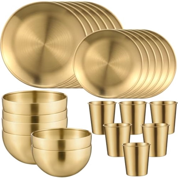 24 Pcs 304 Stainless Steel Dinner Set Include 7 Inch 10 Inch Stainless Steel Plates Bowls and Cups Reusable Metal Utensils Dinnerware for Home Outdoor Picnic Kitchen Gold