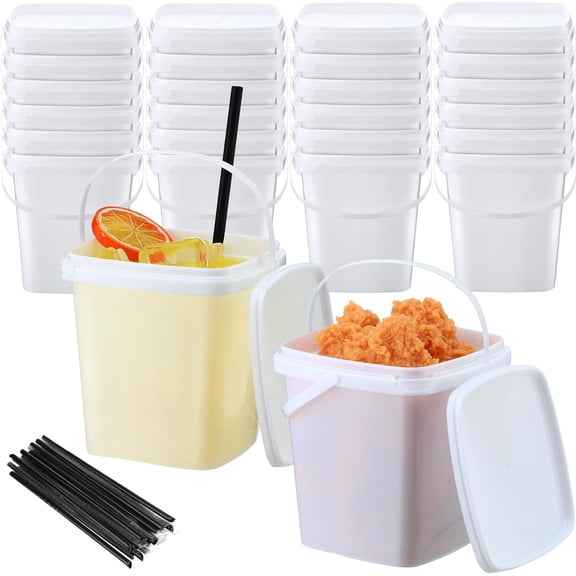24 Pcs 33.8 oz Rum Buckets with Lids and Straws for Drinks, 24 Cocktails Plastic Square Reusable Ice Cream Buckets 20 Black Straws for Summer Birthday Party Snacks Drinks