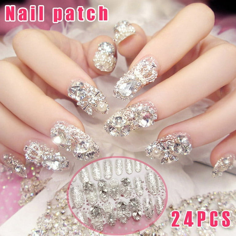 24 Pcs 3D Bling Nail Patch Art Jewelry Glitter Rhinestone Pearl