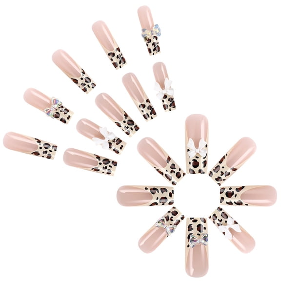 24 Pcs 3D Bows Artificial Nails French Tip Long Square On Nails Leopards Print False Nails